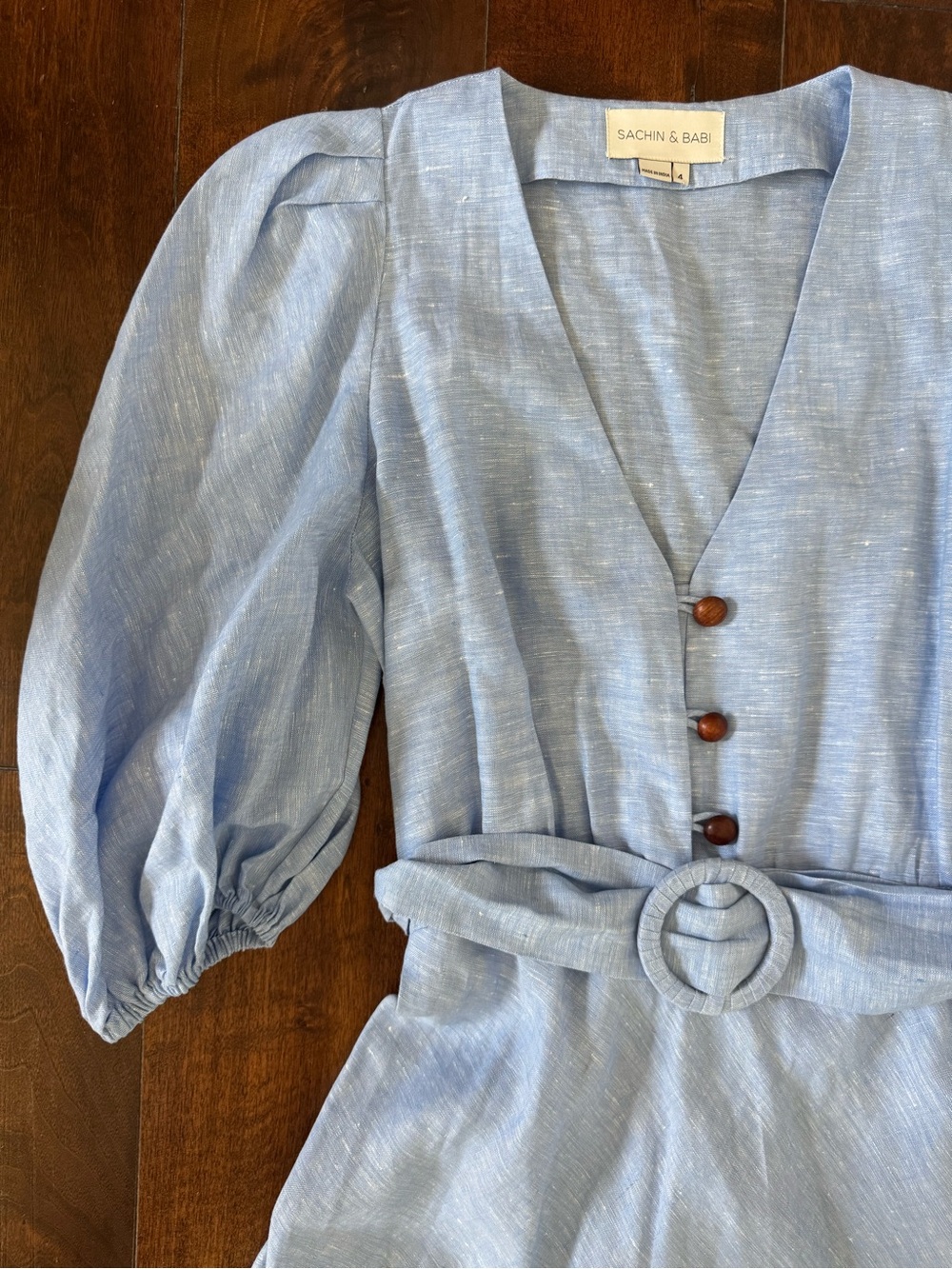 Sachin + Babi Sky Blue Linen Midi V-Neck Puff Sleeve Dress with tie Waist Size 4